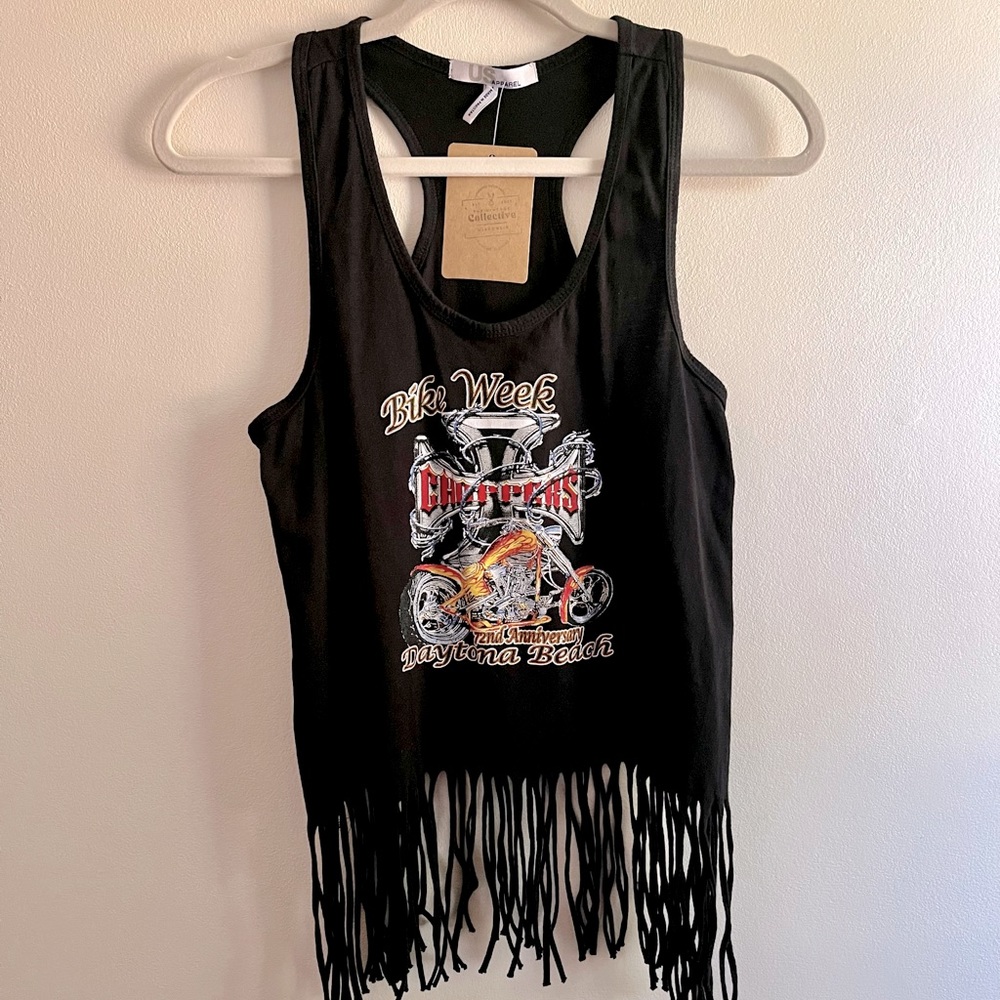 2013 Daytona Bike Week Anniversary Choppers Black Fringe Cotton Crop Tank Top M
